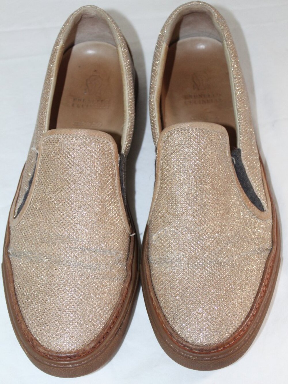 Brunello Cucinelli Gold Glitter Boat Shoes Flats Loafers Slip Ons 40